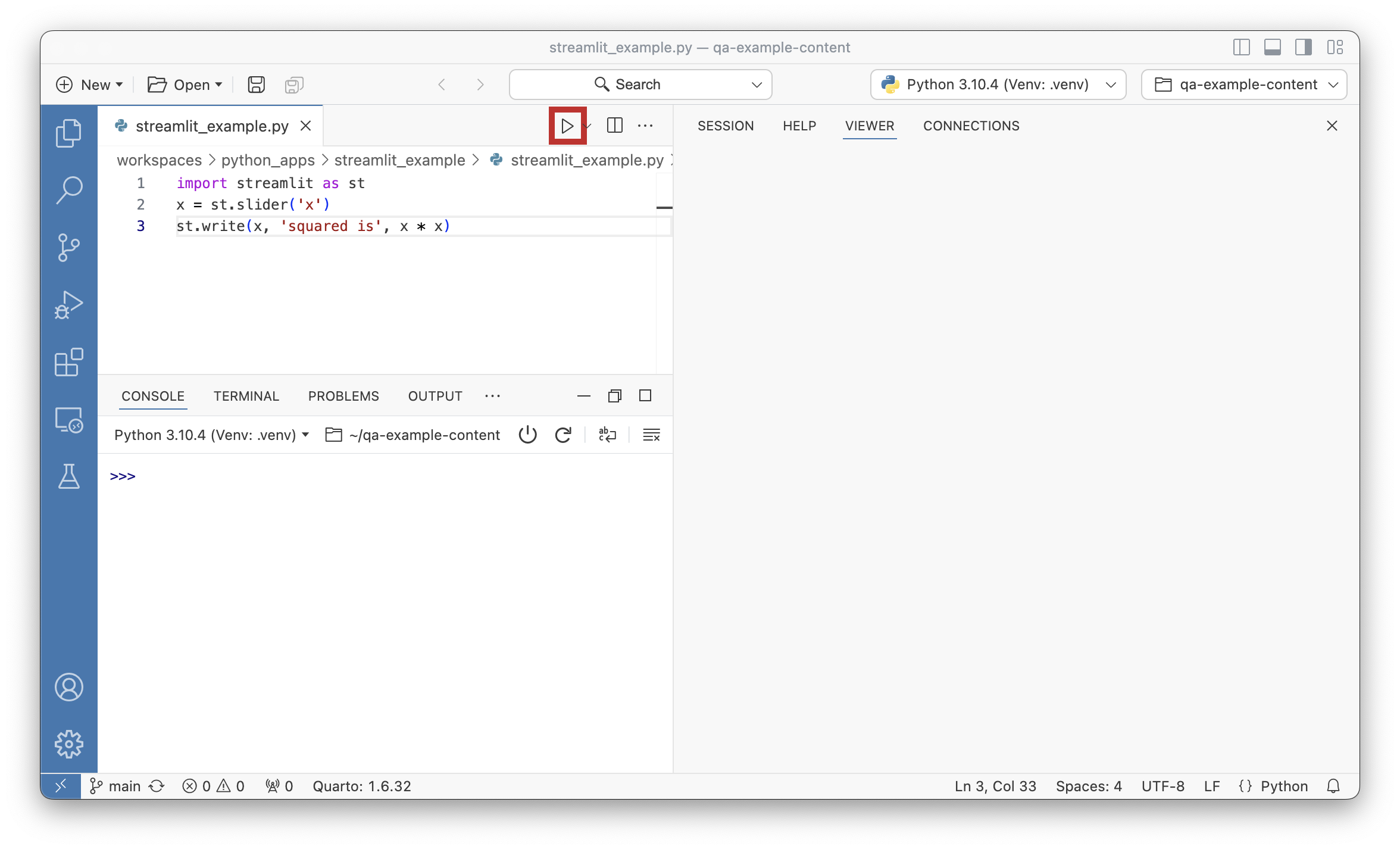 Close-up of the Play button in the Editor action bar.